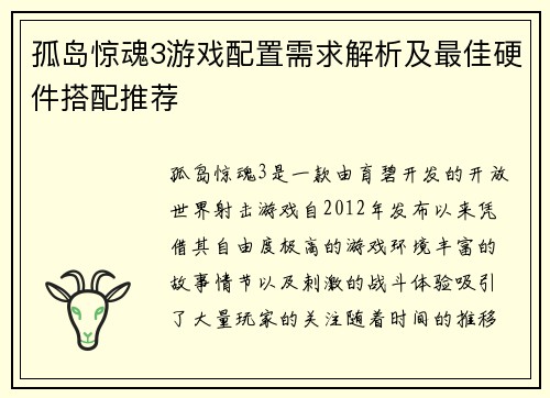 孤岛惊魂3游戏配置需求解析及最佳硬件搭配推荐