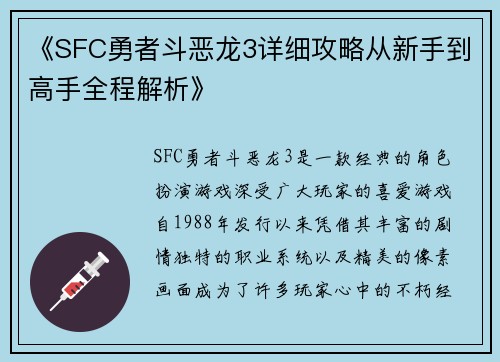 《SFC勇者斗恶龙3详细攻略从新手到高手全程解析》